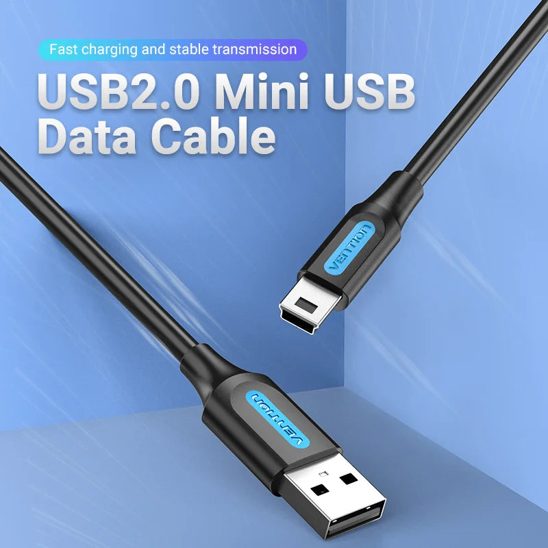 Mini USB 2.0 Fast Charging Data Cable for Digital Cameras, HDDs, MP3/MP4 Players, DVRs, and GPS Devices