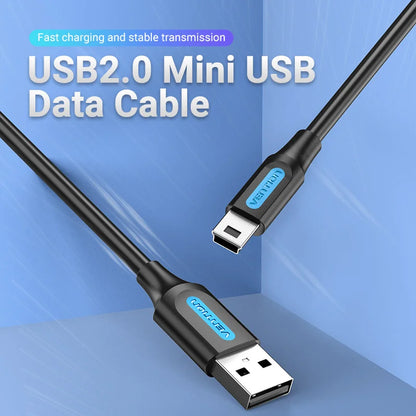 Mini USB 2.0 Fast Charging Data Cable for Digital Cameras, HDDs, MP3/MP4 Players, DVRs, and GPS Devices